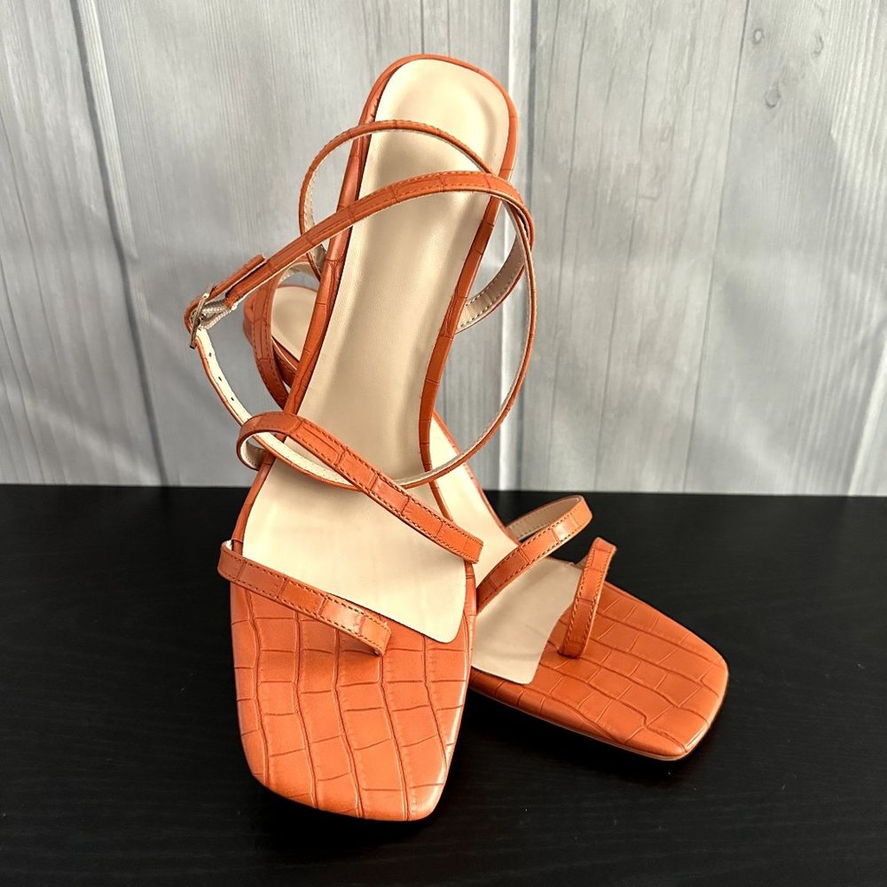 Women's High Sandals Buckle Heel Orange -  Heel Gold Color - Square Open Toe